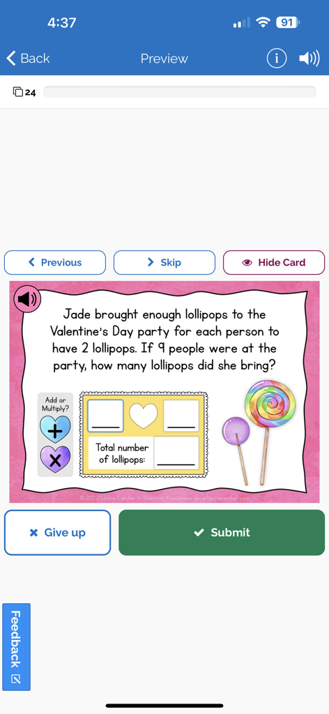 Boom Cards - A digital multiplication word problem on the Boom Cards app student interface