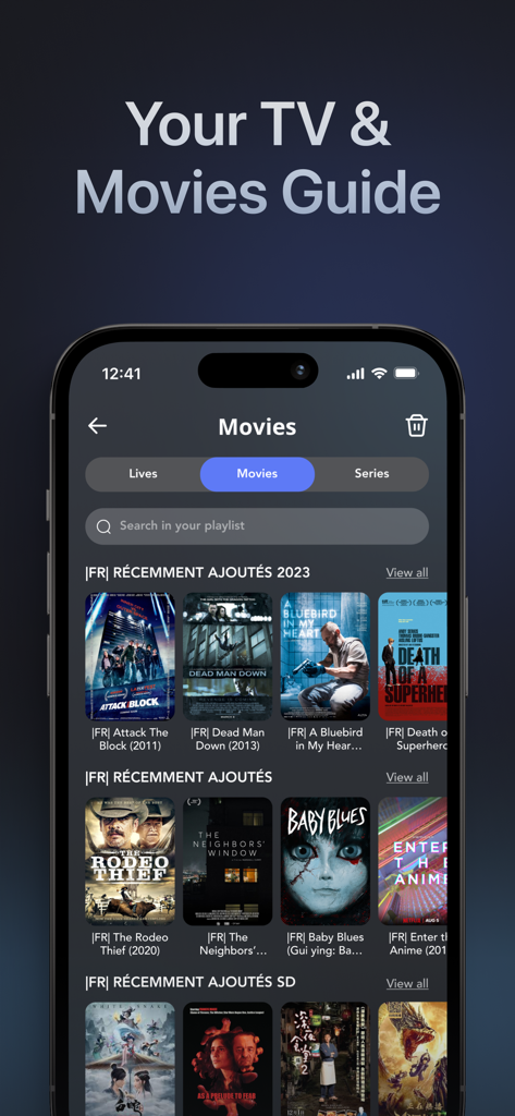 Interfaz de selección de películas del reproductor GSE Smart IPTV en un iPhone, mostrando carteles y categorías de películas.
