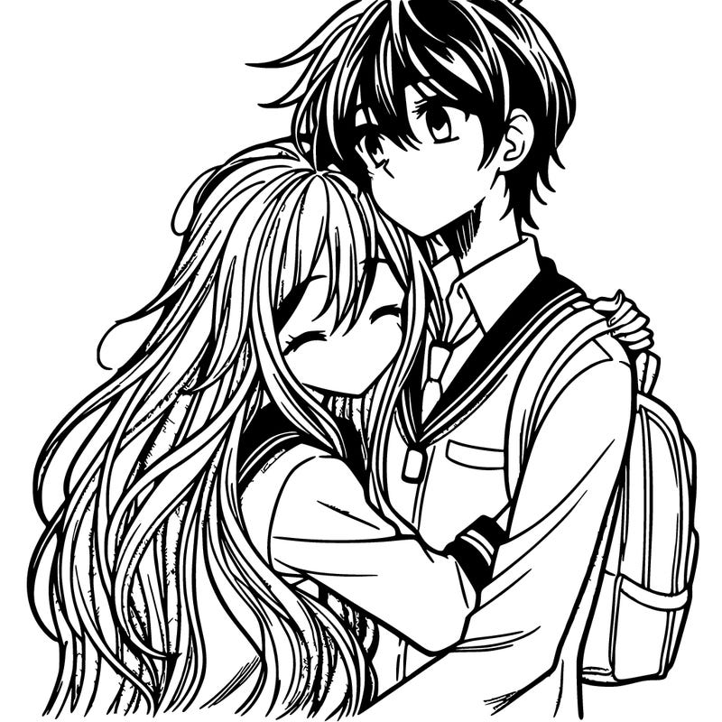 manga girl with long hair hugging a taller boy with short fluffy hair