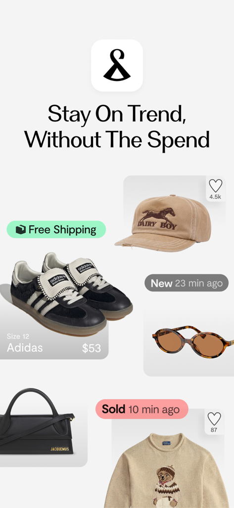 A collection of trendy fashion items on the Curtsy app including Adidas sneakers a designer bag and a Polo sweater with the slogan Stay On Trend Without The Spend.