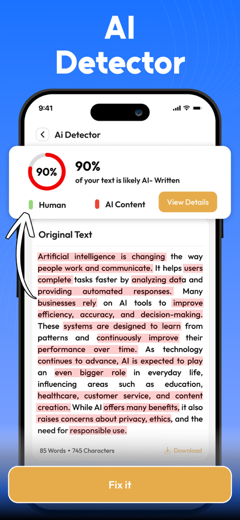 Paraphrase Tool - Humanize Ai - AI detector interface showing a 90 percent AI-written content score with a fix it button
