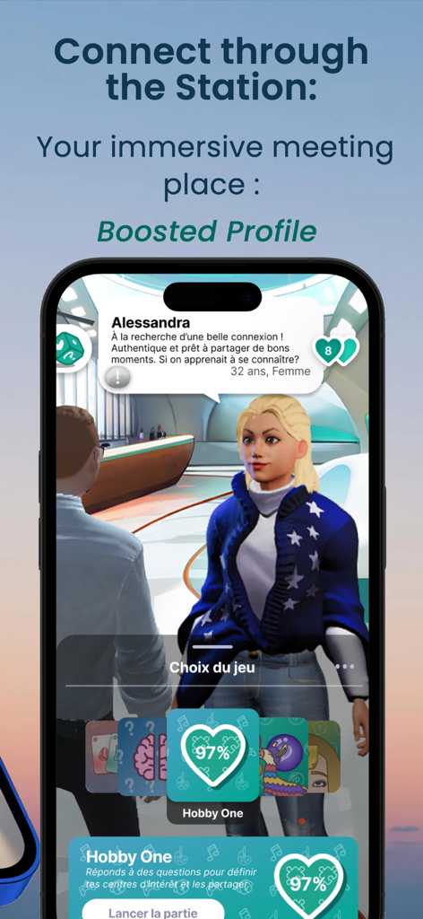 Datopia Dating App Play & Date - Un perfil de avatar 3D dentro del espacio de encuentro virtual inmersivo de la app de citas Datopia.