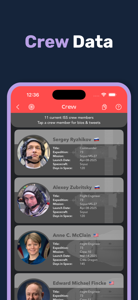 ISS Real-Time Tracker 3D - 現在の国際宇宙ステーションの乗組員のプロフィールとミッションの詳細を表示するISSリアルタイムトラッカー3Dアプリのスクリーンショット