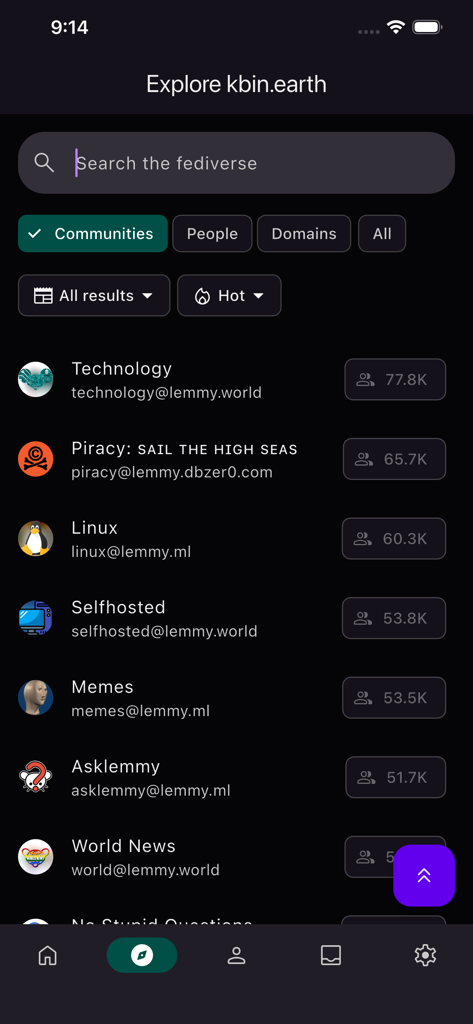 Explore screen of Interstellar Fediverse Client showing a list of communities on kbin.earth