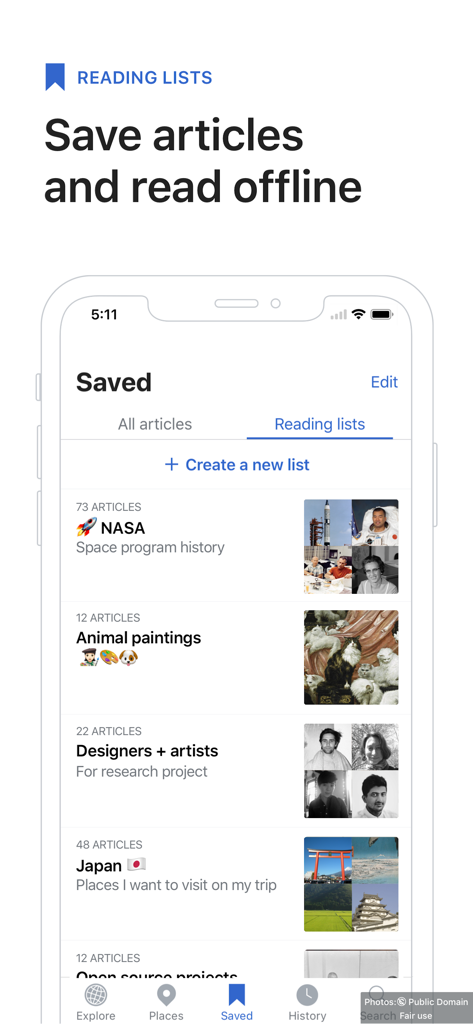 Wikipedia - 오프라인 독서를 위한 저장된 독서 목록을 보여주는 위키백과 iOS 앱