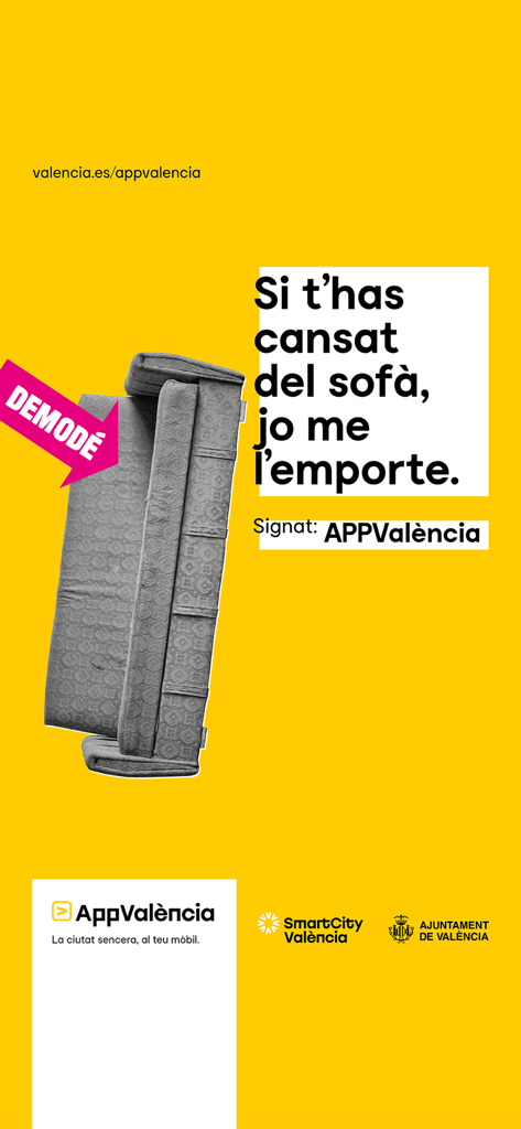 Gráfico promocional do AppValència mostrando um sofá e texto sobre serviços de coleta de móveis da cidade