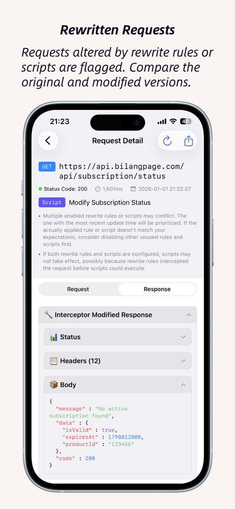 ApiCatcher - Capture HTTPS - A screenshot of ApiCatcher showing rewritten HTTPS requests and modified JSON responses for mobile debugging.