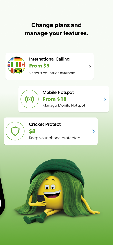 Interface of myCricket App showing options to manage plans and features including international calling and mobile hotspot.
