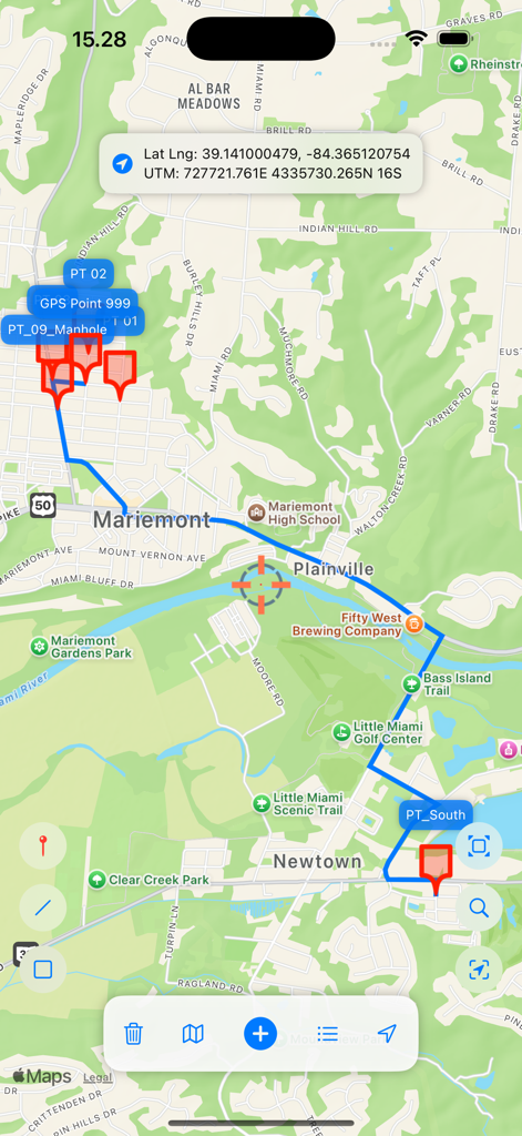 Interface do aplicativo UTM Maps mostrando marcadores de mapa e dados de coordenadas precisos para navegação profissional