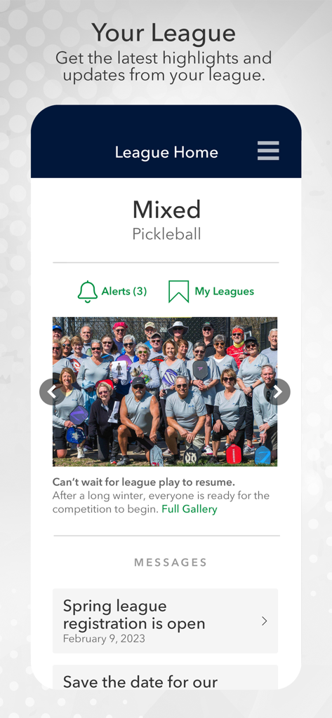 TCD To Go - Home screen of TCD To Go app featuring mixed pickleball league news and a group player photo