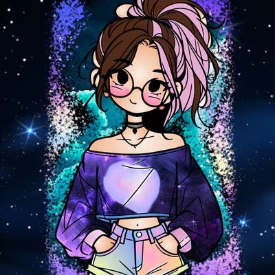 girl with a messy ponytail glasses a baggy crop top and jean shorts