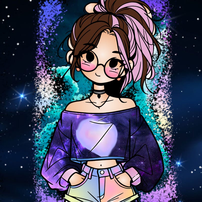 girl with a messy ponytail glasses a baggy crop top and jean shorts