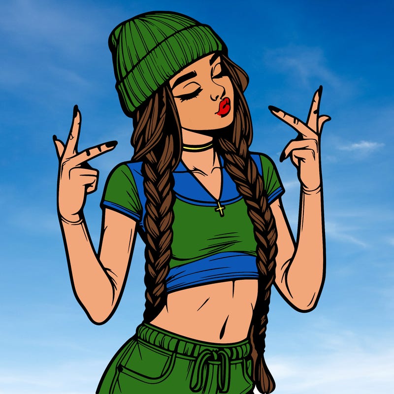 realistic teenage girl with braids and a beanie and crop top doing 🫶🏼