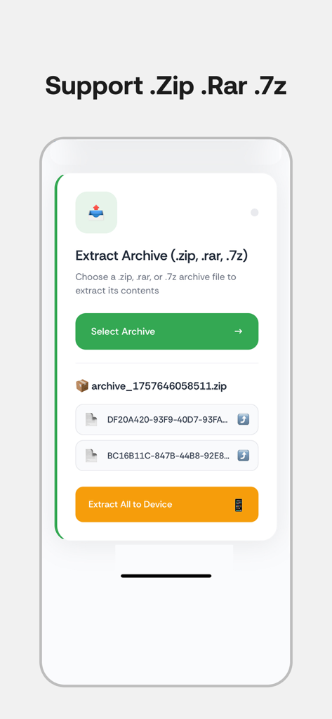 Unzip Fast - ZIP RAR 7Z - Interfaz de la aplicación Unzip Fast mostrando soporte de extracción de archivos para formatos ZIP, RAR y 7Z.