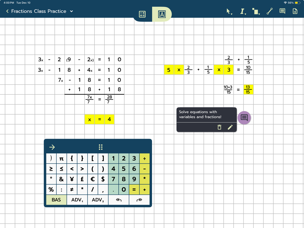 Modmath - Modmath app showing math equations and fractions on digital graph paper with an onscreen keypad