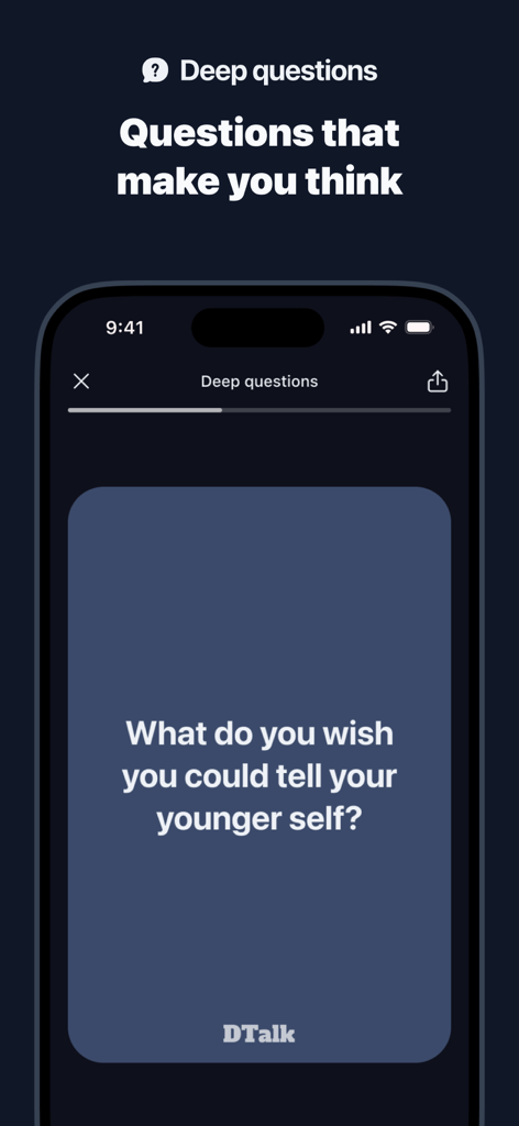 Conversation starters: DTalk - Pantalla de la aplicación DTalk mostrando una tarjeta de pregunta profunda para iniciar conversaciones significativas.
