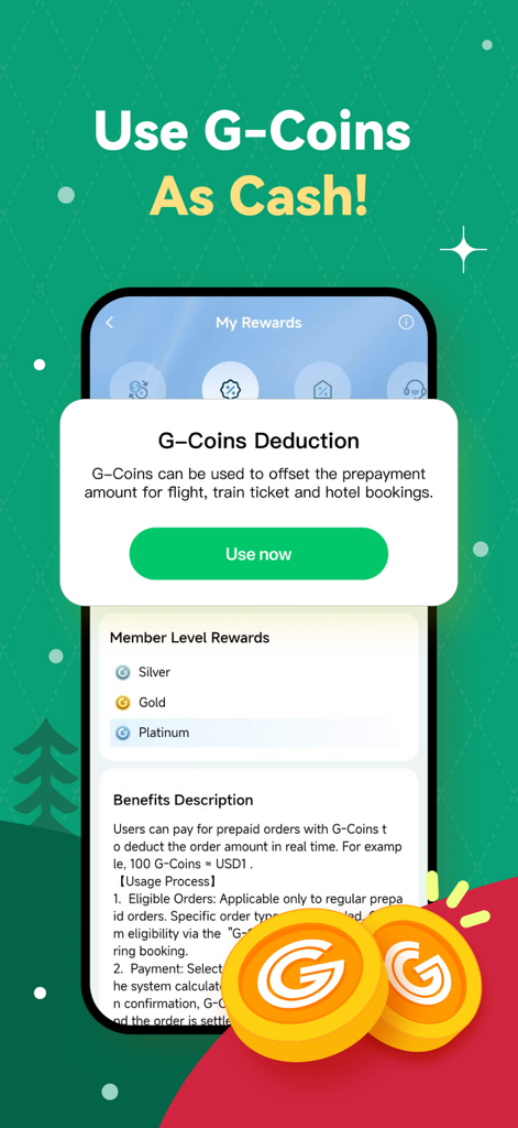 HopeGoo: Flight,Train,Hotel - HopeGoo app interface showcasing the G-Coins reward system used to deduct booking costs for flights and hotels.