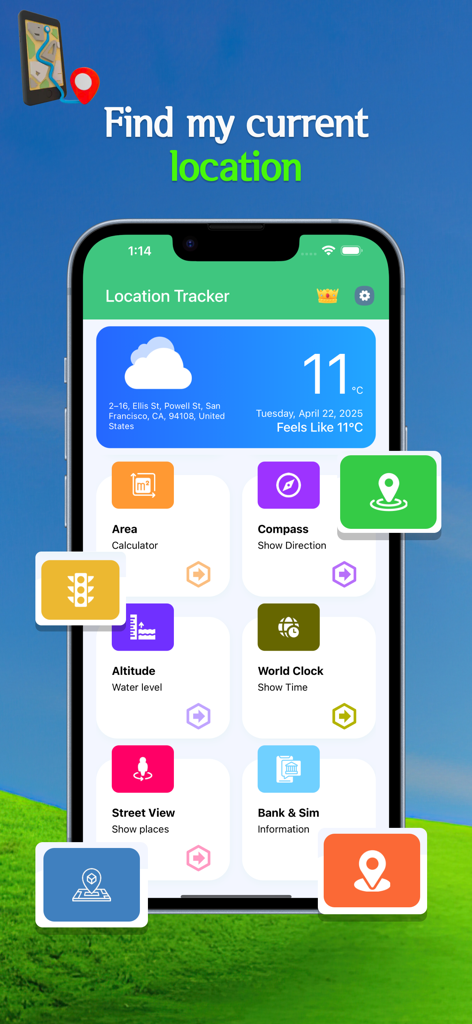 Live Location Tracker - Live Location Tracker app interface showing weather navigation and utility tools