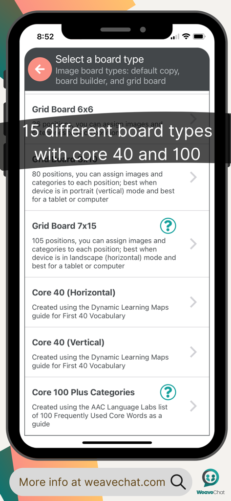 Weave Chat AAC - Weave Chat AAC screen showing various communication board layouts including grid options and core vocabulary sets