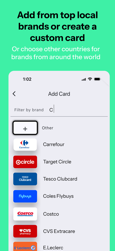 Tribe Rewards - Stocard Wallet - Mobile app screen showing a searchable list of loyalty card brands like Target Costco and CVS to add to the digital wallet