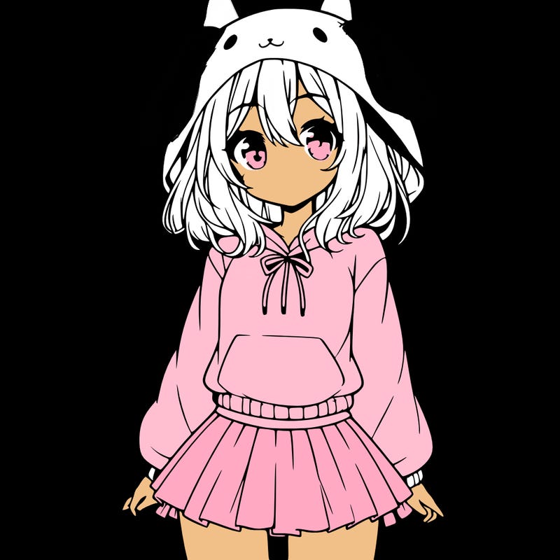pretty anime girl wearing a fluffy hoodie with bunny ears on the hood and a skirt
