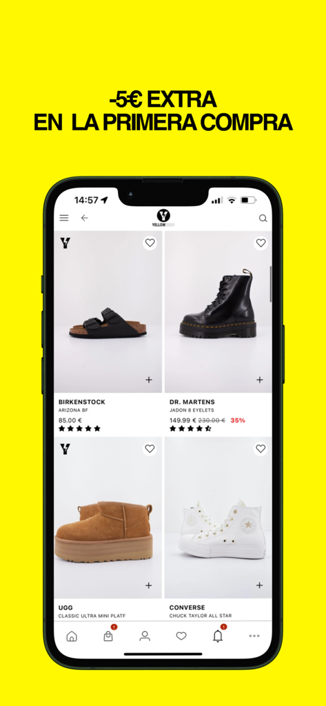 Yellow: Moda y calzado online - Yellow mobile app screen displaying footwear from brands like Birkenstock and Dr. Martens with a five euro discount offer