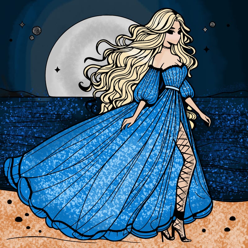 beautiful woman with a vaporous long dress walking on the beach at the noon, detailed art