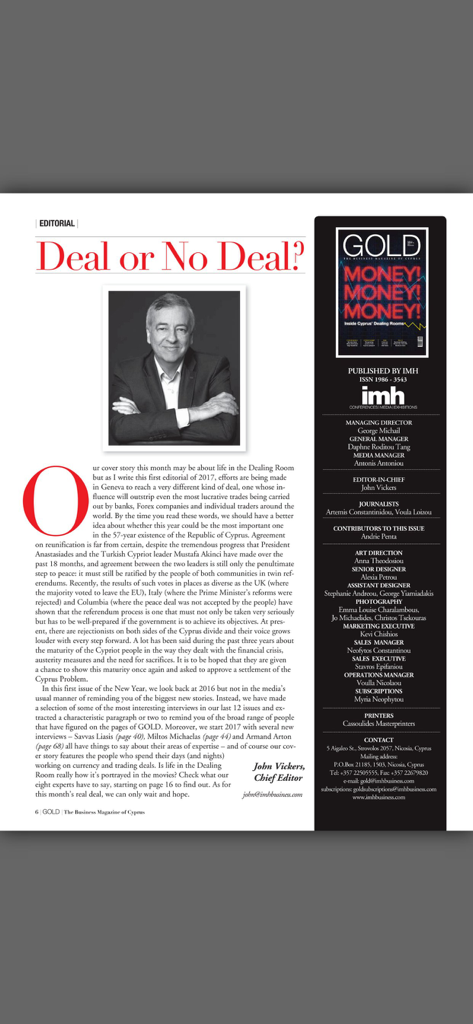 Gold Magazine - An editorial page from Gold Magazine featuring an article titled Deal or No Deal and a staff masthead sidebar.