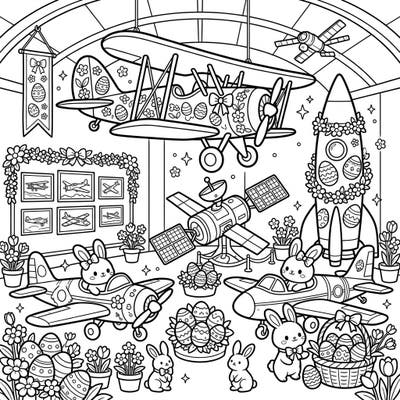 Get ready for an egg-cellent adventure at the aviation museum, where planes, rockets, and adorable bunnies celebrate Easter! This delightful coloring page combines the wonders of flight with festive spring cheer.