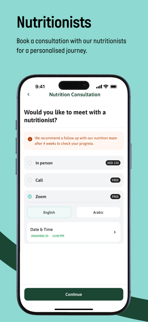 Kcal Meal Plans - Schermata dell'app mobile che mostra le opzioni per prenotare una consulenza nutrizionale tramite videochiamata zoom o di persona