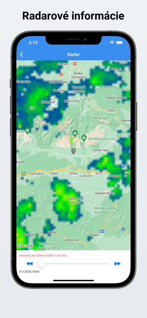 iSHMU - Interface de l'application iSHMU affichant une carte radar météorologique en temps réel avec les données de précipitations sur la Slovaquie