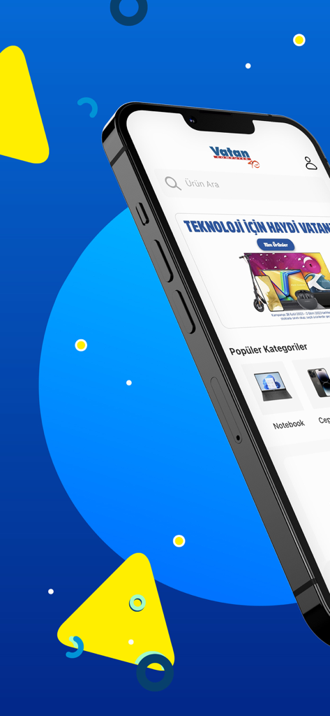 Tela inicial do aplicativo de compras Vatan Bilgisayar em um iPhone mostrando ofertas de tecnologia e categorias.