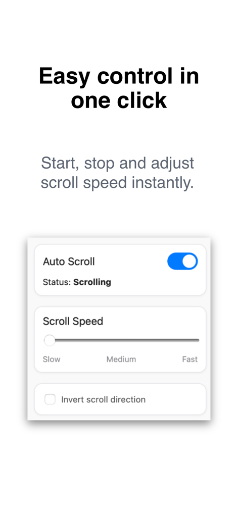 Auto Scroll for Safari - Interface of Auto Scroll for Safari showing scroll toggle and speed adjustment slider.