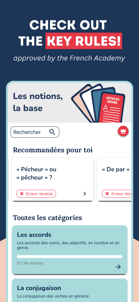 Français sans Fautes - Grammar - Français sans Fautesアプリ画面。フランスアカデミーが承認したフランス語文法規則とカテゴリが表示されます。