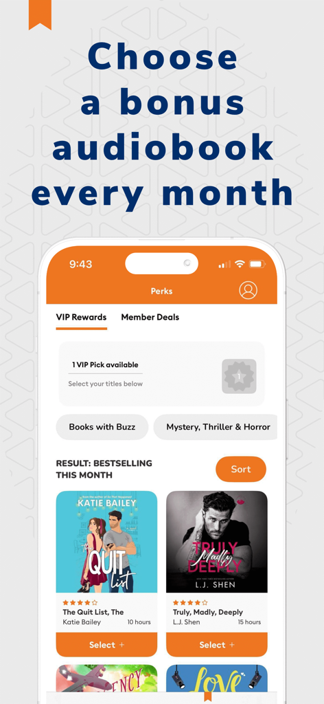 Audiobooks.com: Get audiobooks - Audiobooks.com app screen showing VIP rewards and a monthly bonus audiobook selection interface.