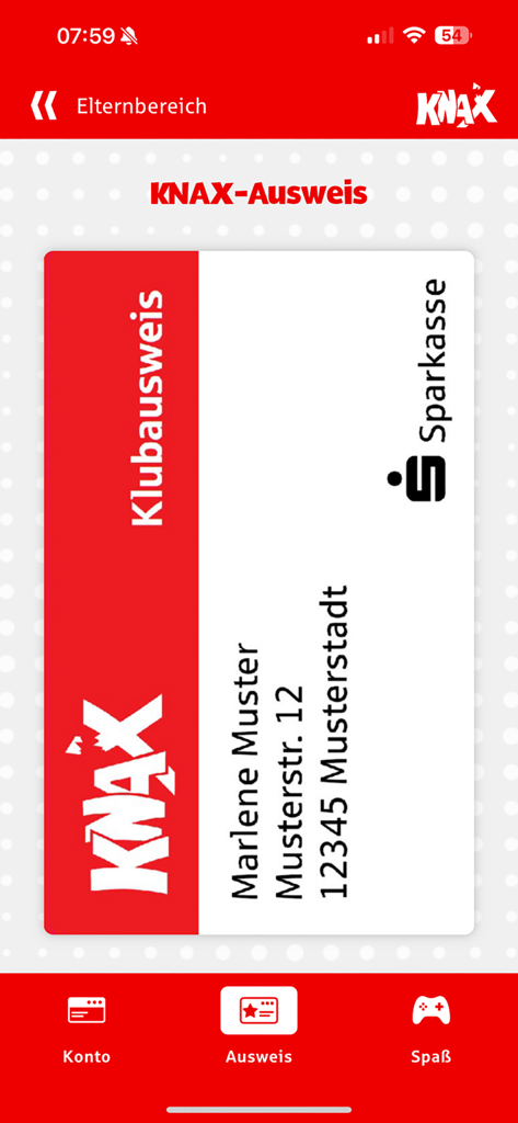 Digital KNAX ID card displayed within the app showing a childs name and address as part of the membership features