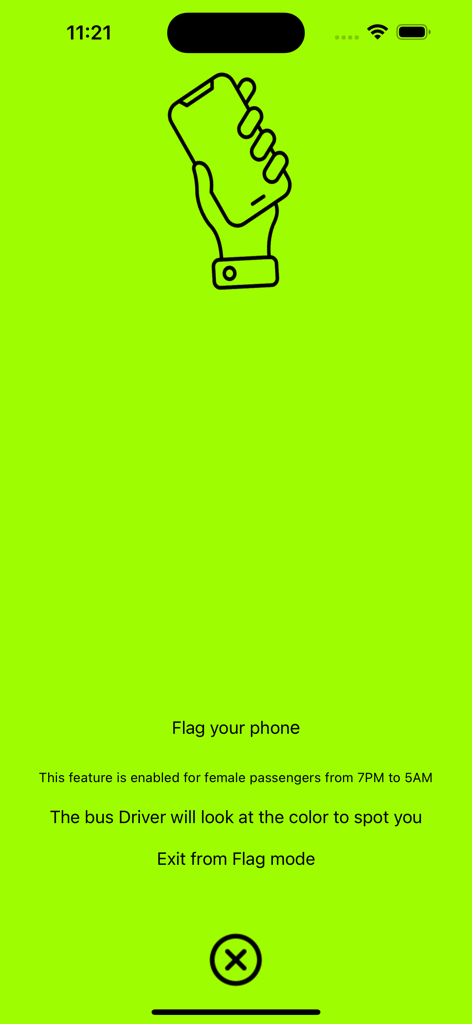 TGSRTC Gamyam - TGSRTC Gamyam app safety screen showing the Flag your phone feature for women passengers at night.