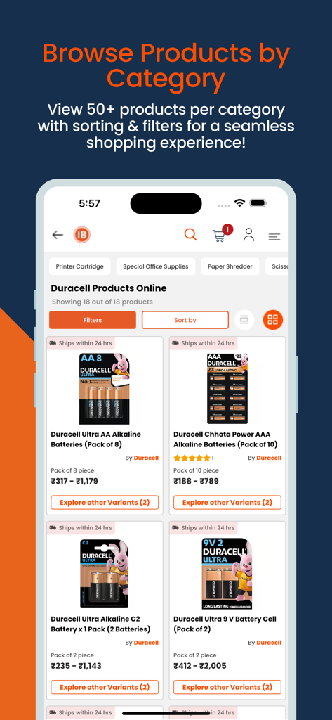 Industrybuying Online Shopping - Pantalla de la aplicación móvil mostrando una página de categoría de productos para baterías Duracell con precios de mayorista y opciones de filtro.