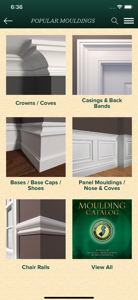 Garden State Lumber app popular moulding categories including crowns casings bases and chair rails