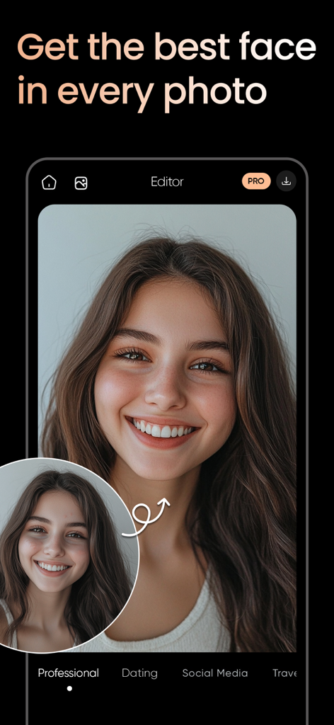PhotoTune: AI Photo Enhancer - Aplicación potenciadora de fotos con IA que muestra una comparación del antes y después de un retrato profesional