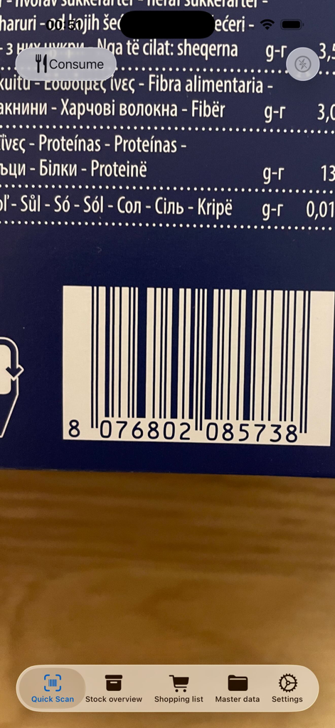 Grocy Mobile - Scanning a product barcode with the Grocy Mobile Quick Scan feature to manage pantry inventory