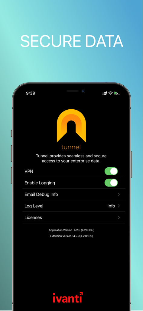 Ivanti Tunnel app interface showing VPN settings and secure enterprise data access on an iPhone