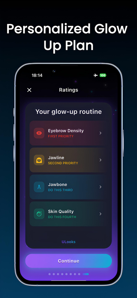 LooksMax AI Analyzer – ULooks - Uma interface móvel mostrando uma rotina personalizada de transformação com etapas priorizadas para melhoria facial