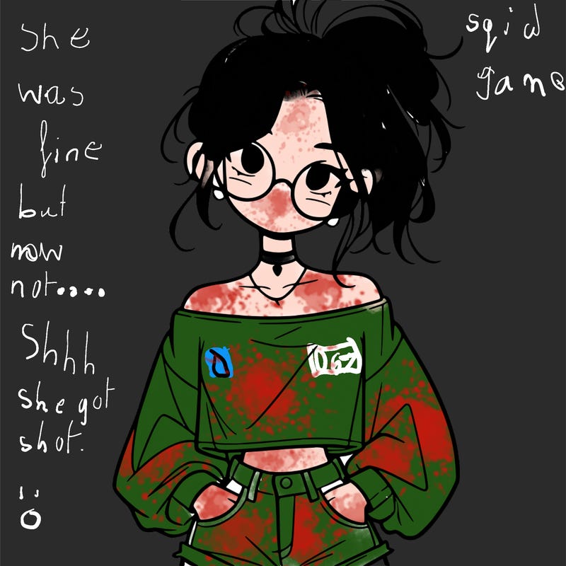 girl with a messy ponytail glasses a baggy crop top and jean shorts