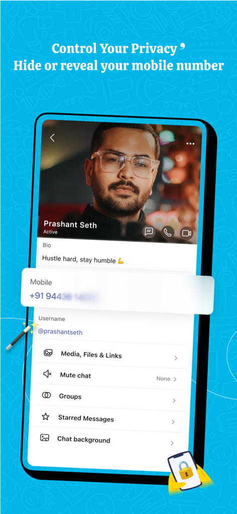Arattai Messenger - Arattai Messenger app interface showing the privacy feature to hide or reveal a mobile number on a user profile
