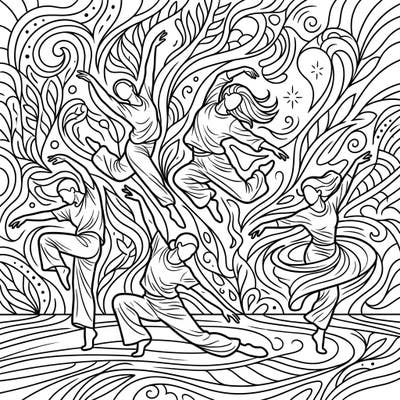 Capture the grace and power of movement with this captivating coloring page featuring contemporary dancers. Each figure is poised in an expressive stance, surrounded by intricate patterns that evoke the rhythm of dance.
