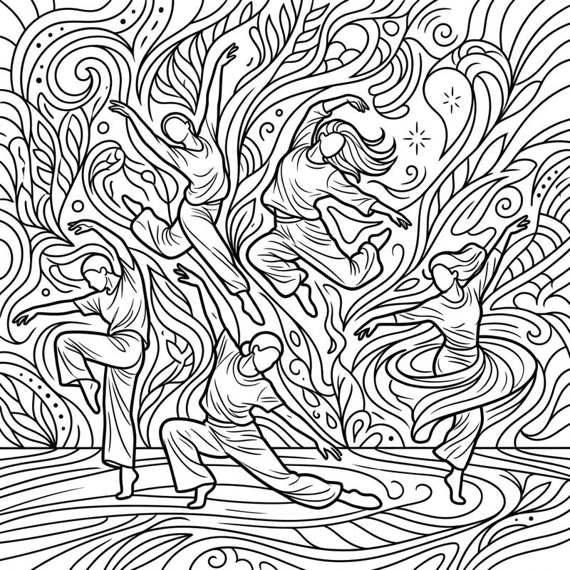 Capture the grace and power of movement with this captivating coloring page featuring contemporary dancers. Each figure is poised in an expressive stance, surrounded by intricate patterns that evoke the rhythm of dance.
