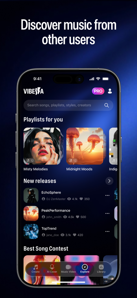 Vibella: AI Music & Song Maker - A mobile phone screen displaying the explore section of Vibella AI music app with user generated playlists and songs