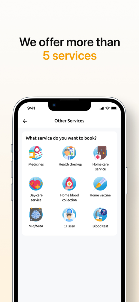 Aplicativo móvel Sunrise Healthcare Service mostrando uma lista de opções de serviços médicos para agendamento, incluindo check-ups de saúde e exames de sangue