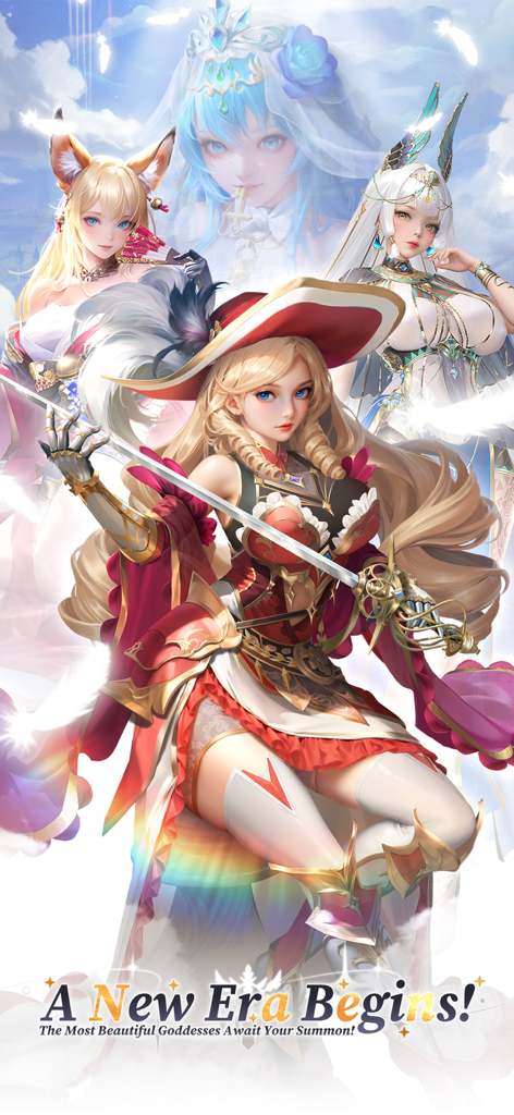 Goddess Era: 2331 Draws - Goddess Era 모바일 게임에서 '새로운 시대의 시작'이라는 텍스트가 오버레이된 아름다운 애니메이션 여신 그룹